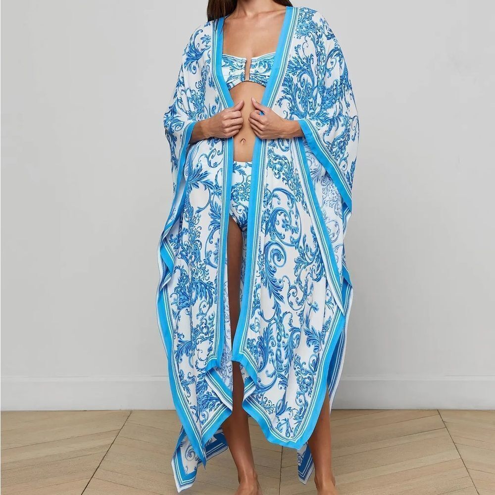 L'AGENCE Kara Blue and White Patterned Baroque Kimono Swim Coverup